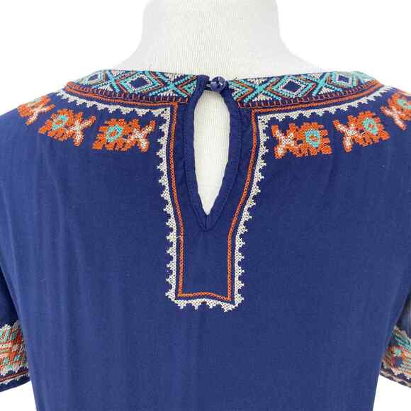 Mur Mur Mini Dress Womens Small Blue Embroidered Aztec Southwest Short Sleeve - Picture 7 of 8
